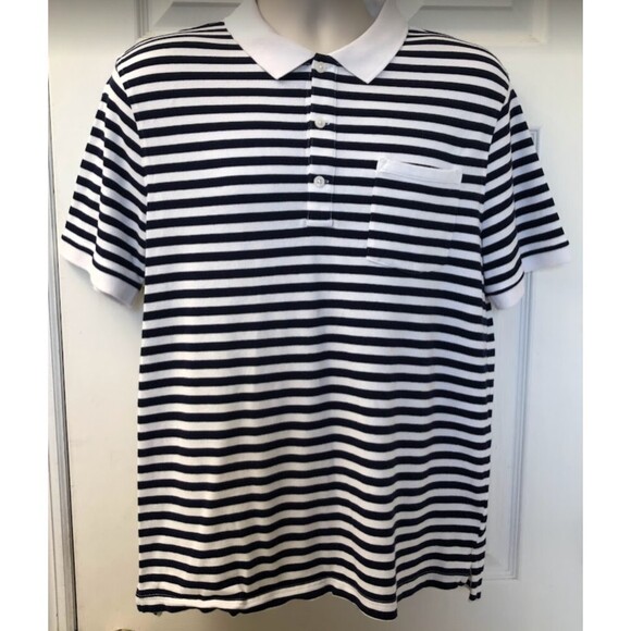 J Crew Authentic Men's Navy Blue Striped Polo Shirt Large Stretch Pique Knit - Picture 7 of 8